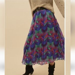 Ba&sh Paolo Vert Midi Lady Skirt Pleated Chevron A-Line Jewel Tone Size 3